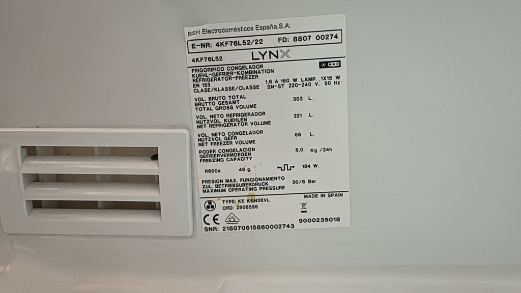 4KF76L52 FRIGORÍFICO COMBI 185X60 CM LYNX NO FROST ACERO