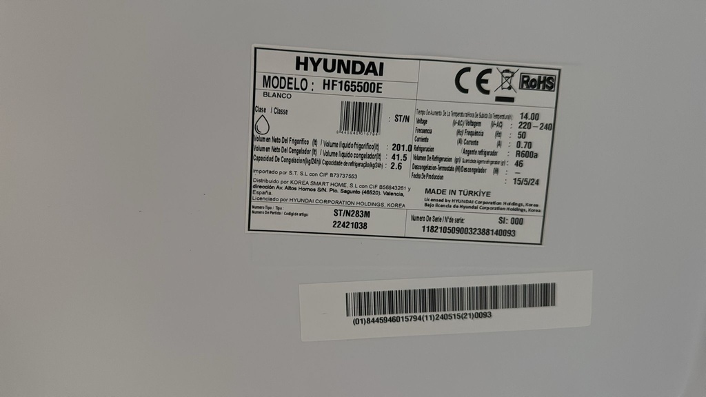HF165500E FRIGORÍFICO 160X55 CM HYUNDAI CÍCLICO BLANCO
