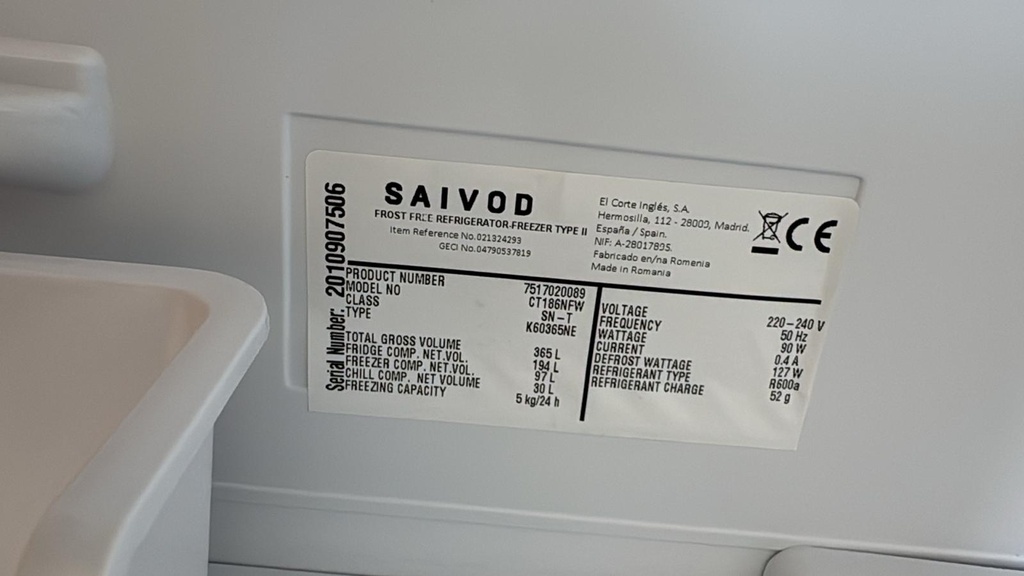 CT186NFW FRIGORÍFICO COMBI 185X60 CM SAIVOD COOLING NO FROST BLANCO CON DISPLAY FRONTAL