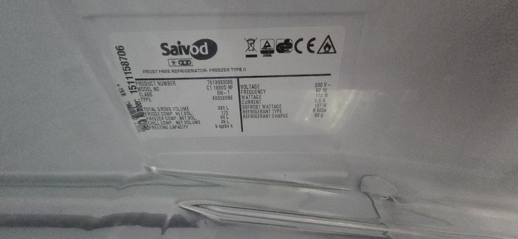 CT1830DNF FRIGORIFICO COMBI 185X60 SAIVOD NO FROST BLANCO 