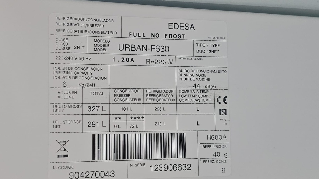 URBANF630 FRIGORIFICO COMBI 185X60 EDESA ACERO INOX NO FROST