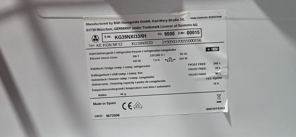 KG39NXI33 FRIGORIFICO COMBI 200X60 SIEMENS ACERO INOX NO FROST