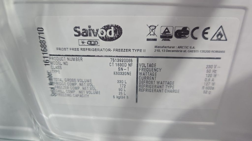 FRIGORIFICO COMBI 185X60 SAIVOD BLANCO NO FROST 