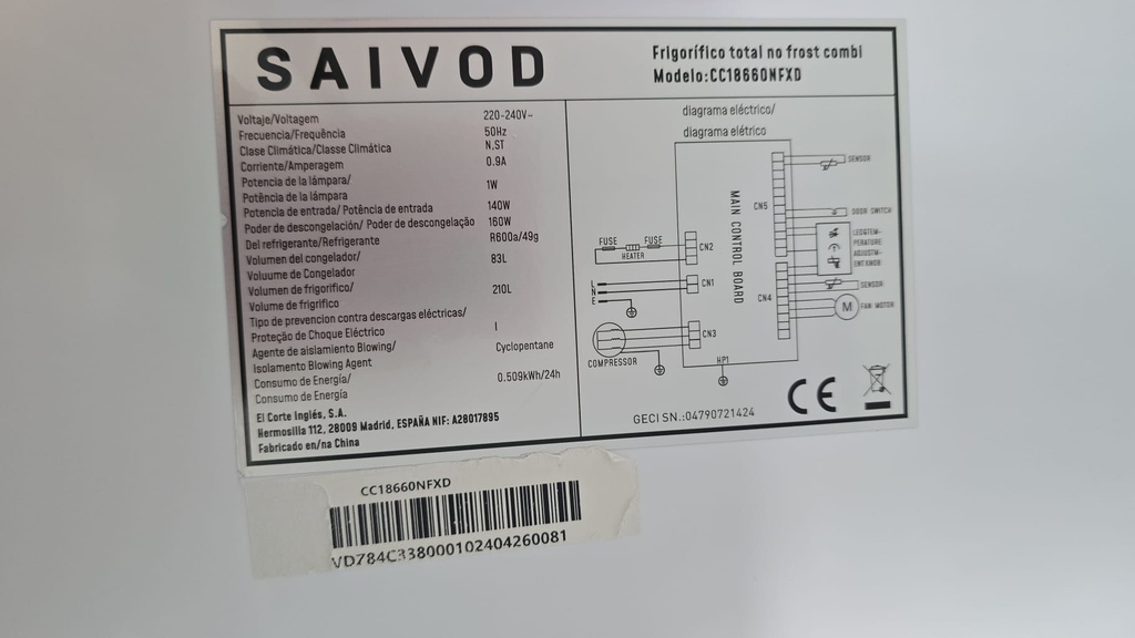 FRIGORIFICO COMBI 185X60 CM SAIVOD MOD. CC18660NFXD ACERO INOX. (LE FALTA CAJÓN VERDURAS)