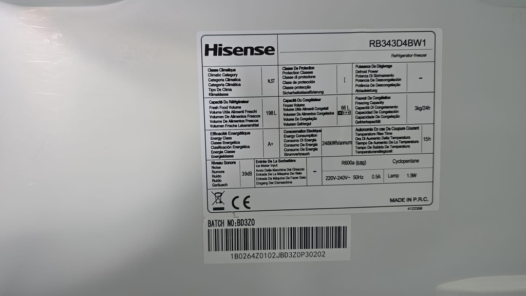 FRIGORIFICO COMBI 180X55 CM HISENSE CICLICO BLANCO MOD. RB343D4BW1