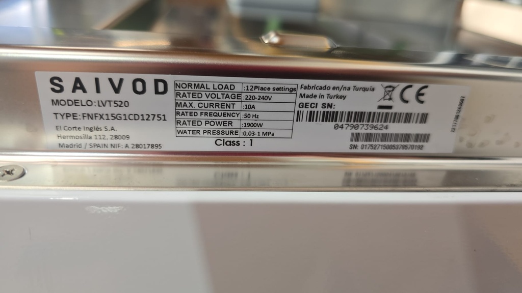 LAVAVAJILLAS MOD. LVT520 SAIVOD 12 CUBIERTOS BLANCO