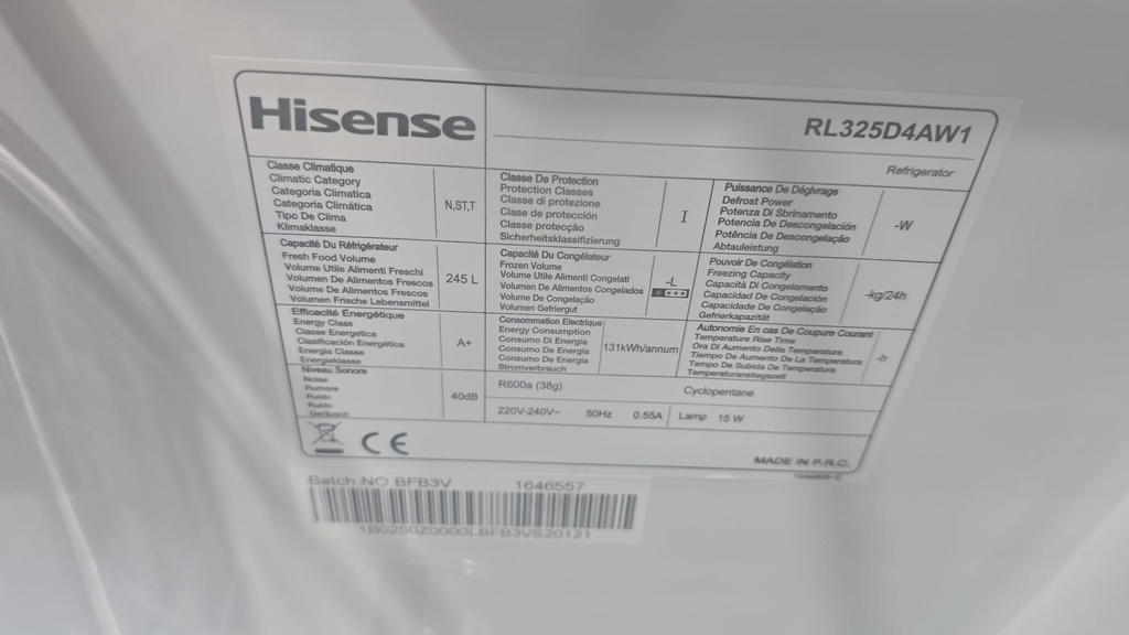 FRIGORIFICO VERTICAL 145X55 HISENSE MOD. RL325D4AW1