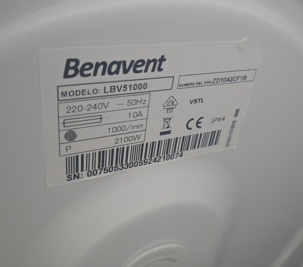 LAVADORA 7 KG BENAVENT A++ 1000RPM MOD. LB-7 LBV51000 