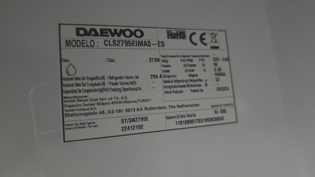 FRIGORIFICO 177X55 DAEWOO PANELABLE MOD. 