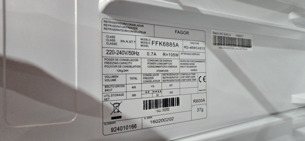 FRIGORIFICO COMBI 200X60 CM FAGOR MODELO FFK6885A