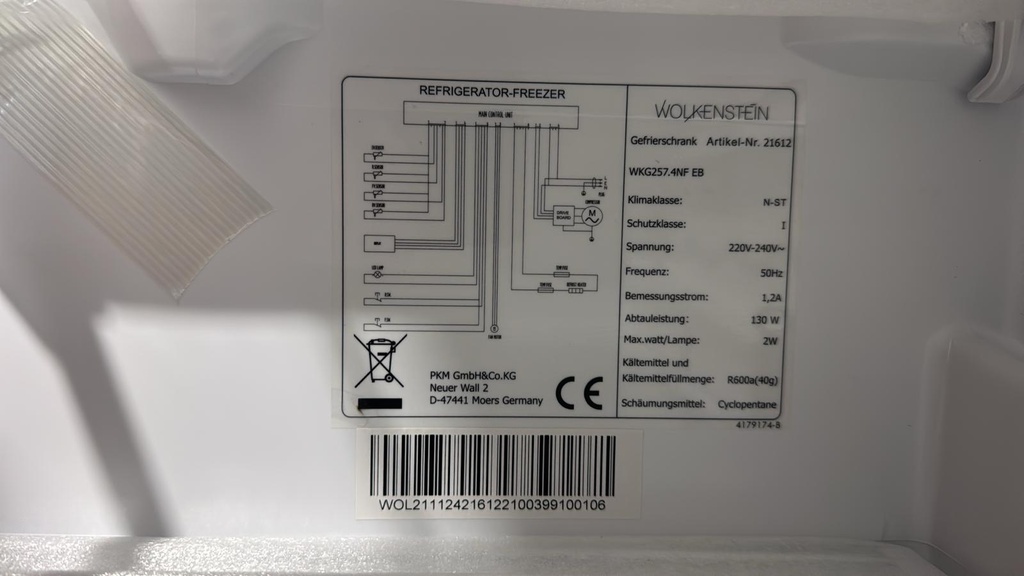 WKG257.4NFEB FRIGORÍFICO COMBI PANELABLE 177X54 CM WOLKENSTEIN CÍCLICO BLANCO
