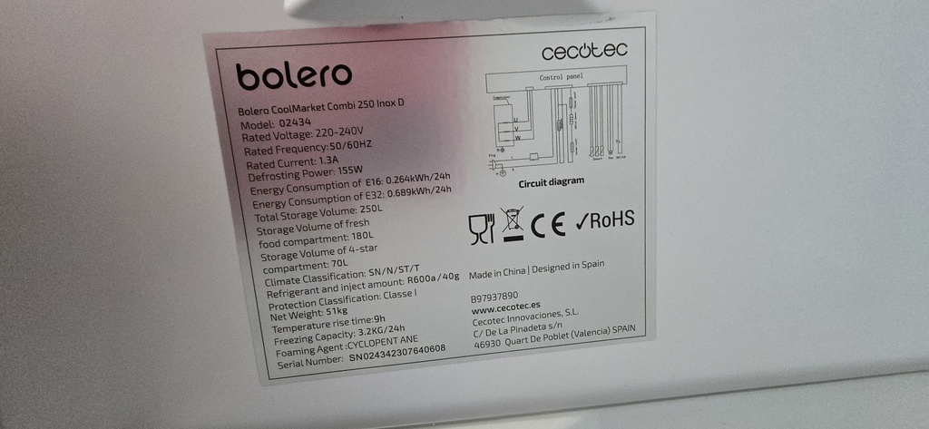 FRIGORIFICO COMBI 180X55 CECOTEC ACERO INOX MOD. 02434