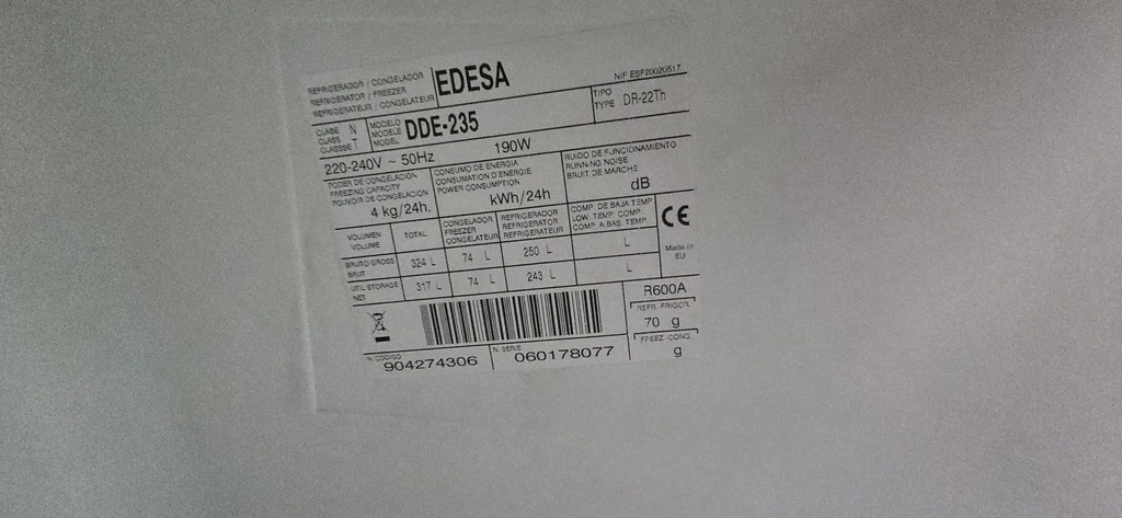 FRIGORIFICO 170X60 EDESA BLANCO DDE235 