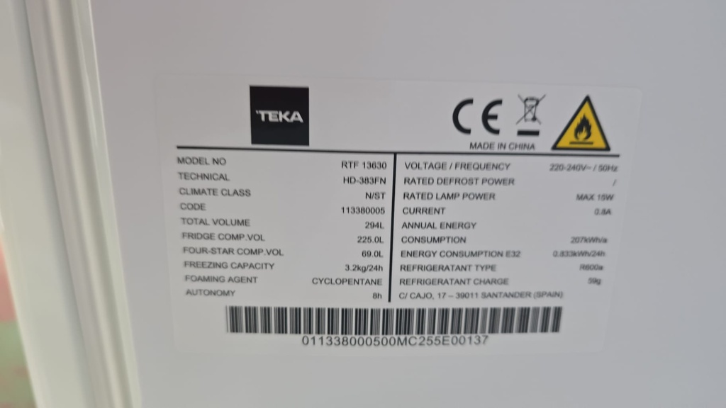 FRIGORIFICO 175X60 TEKA MOD. RTF13630