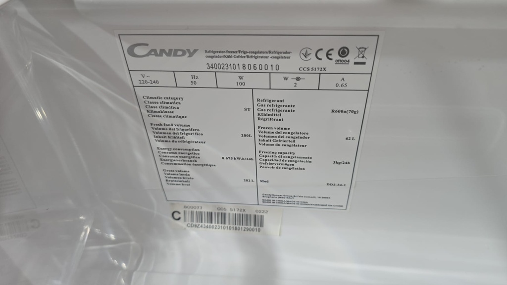 FRIGORIFICO COMBI 180X55 CANDY MOD. CCS5172X ACERO INOX