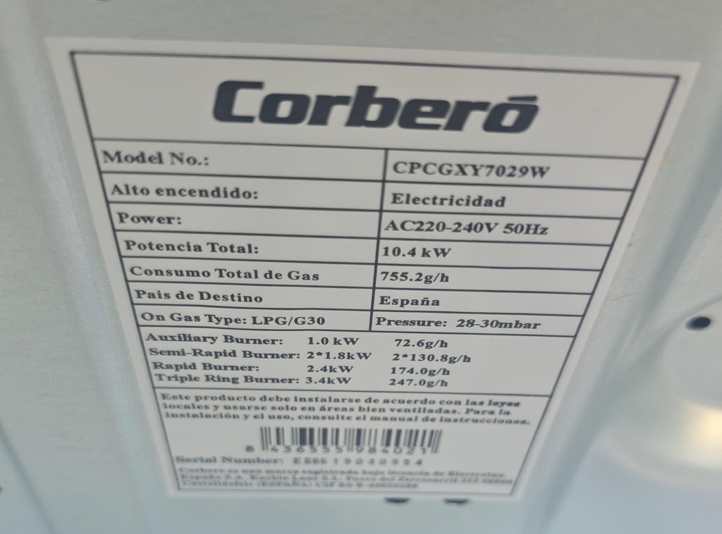 PLACA GAS 5 FUEGOS CORBERO CRISTAL Y ACERO MOD. CPCGXY7029W (MALAGA)